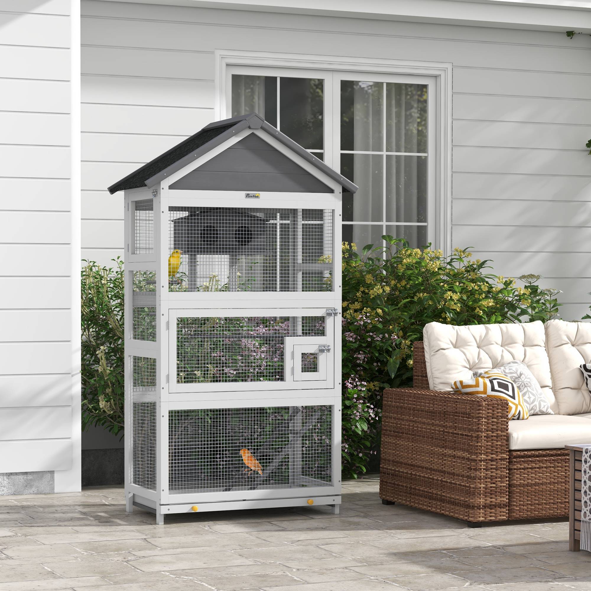 Cage à oiseaux en bois cage perroquet aire de jeux toit asphalte imperméable 92 x 52 x 171 cm gris - Image 3