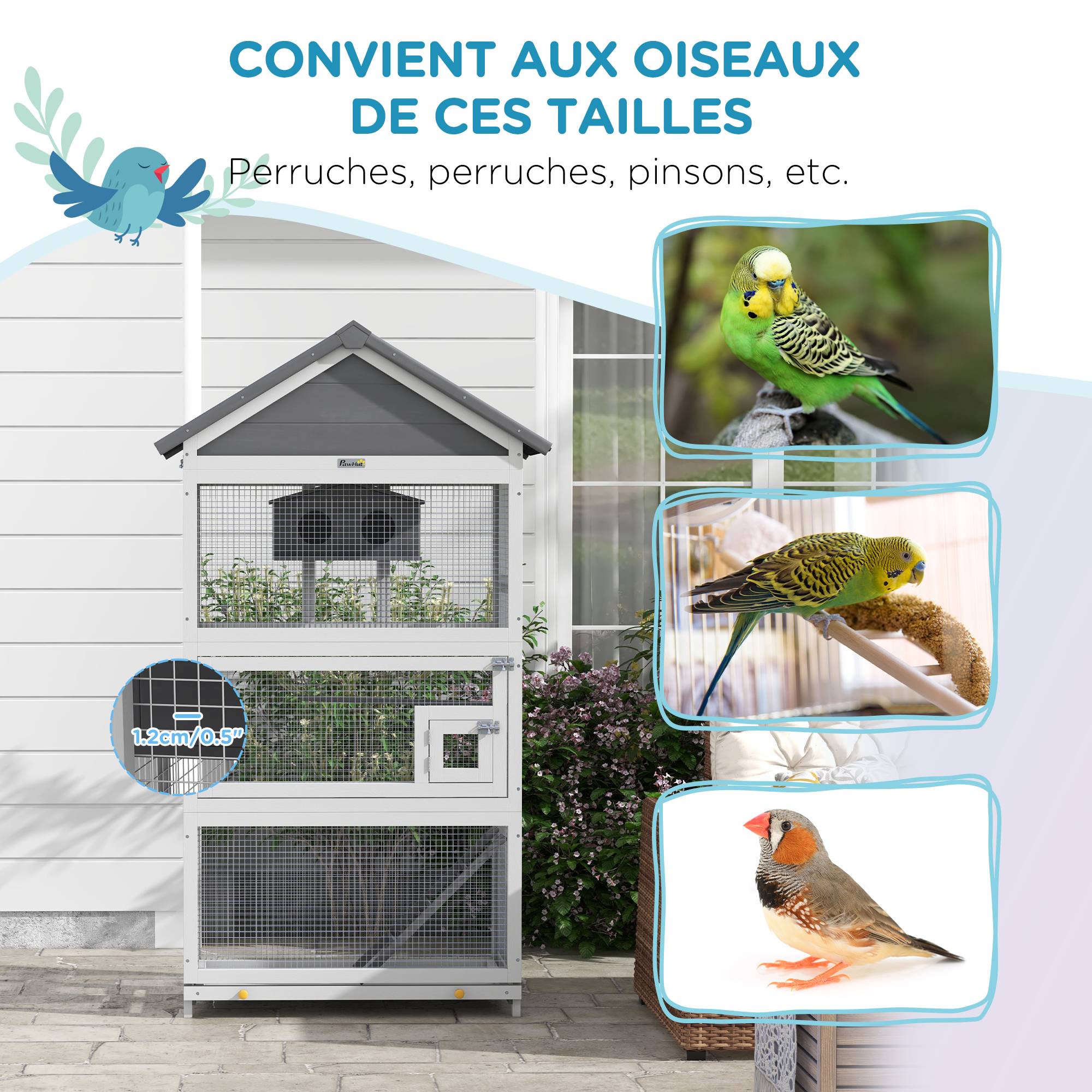 Cage à oiseaux en bois cage perroquet aire de jeux toit asphalte imperméable 92 x 52 x 171 cm gris - Image 8