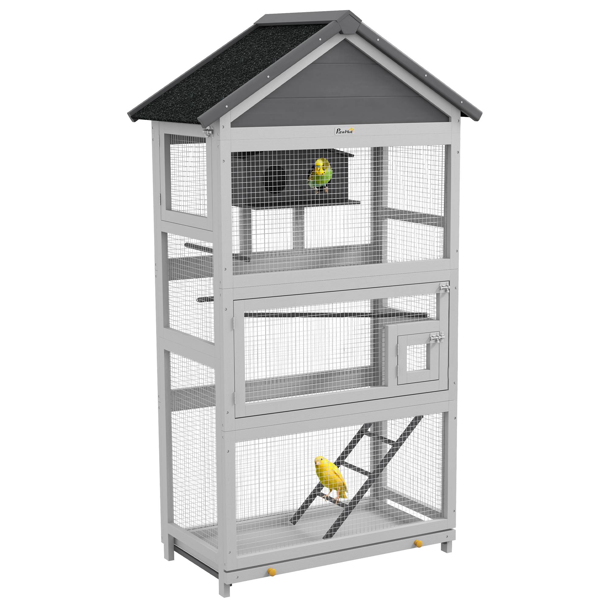 Cage à oiseaux en bois cage perroquet aire de jeux toit asphalte imperméable 92 x 52 x 171 cm gris - Image 1