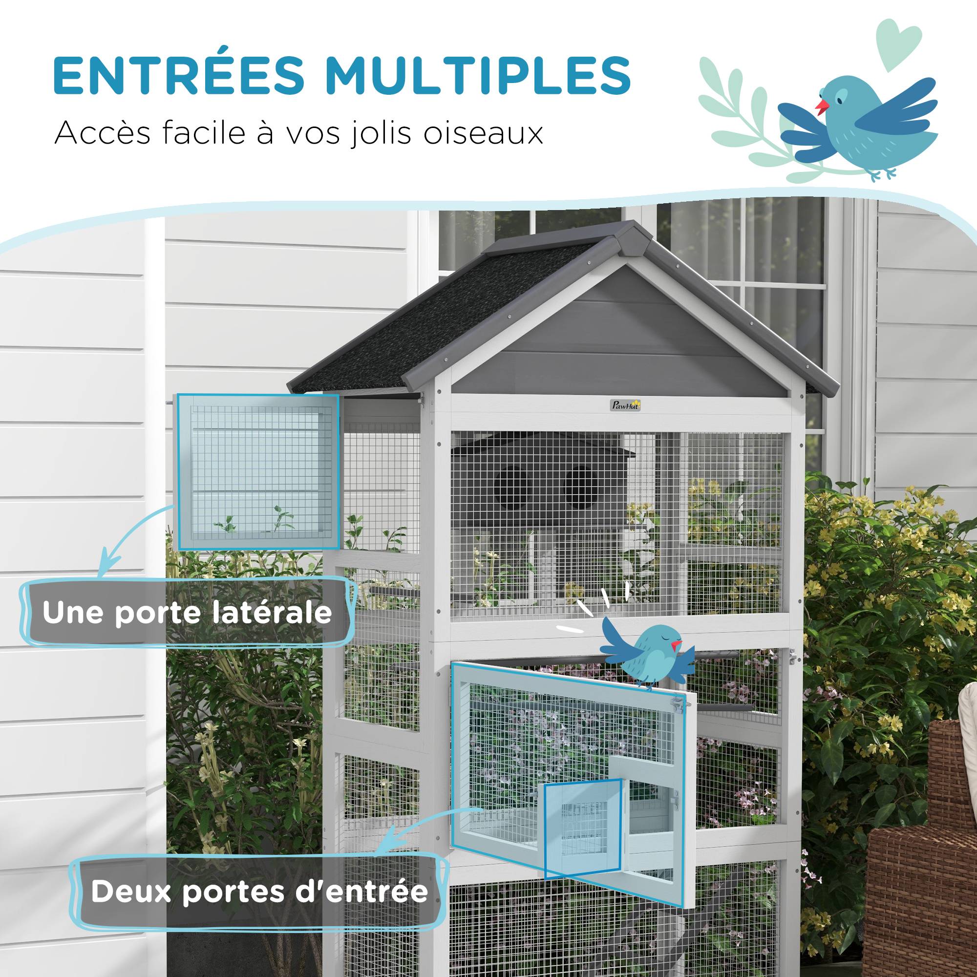 Cage à oiseaux en bois cage perroquet aire de jeux toit asphalte imperméable 92 x 52 x 171 cm gris - Image 7