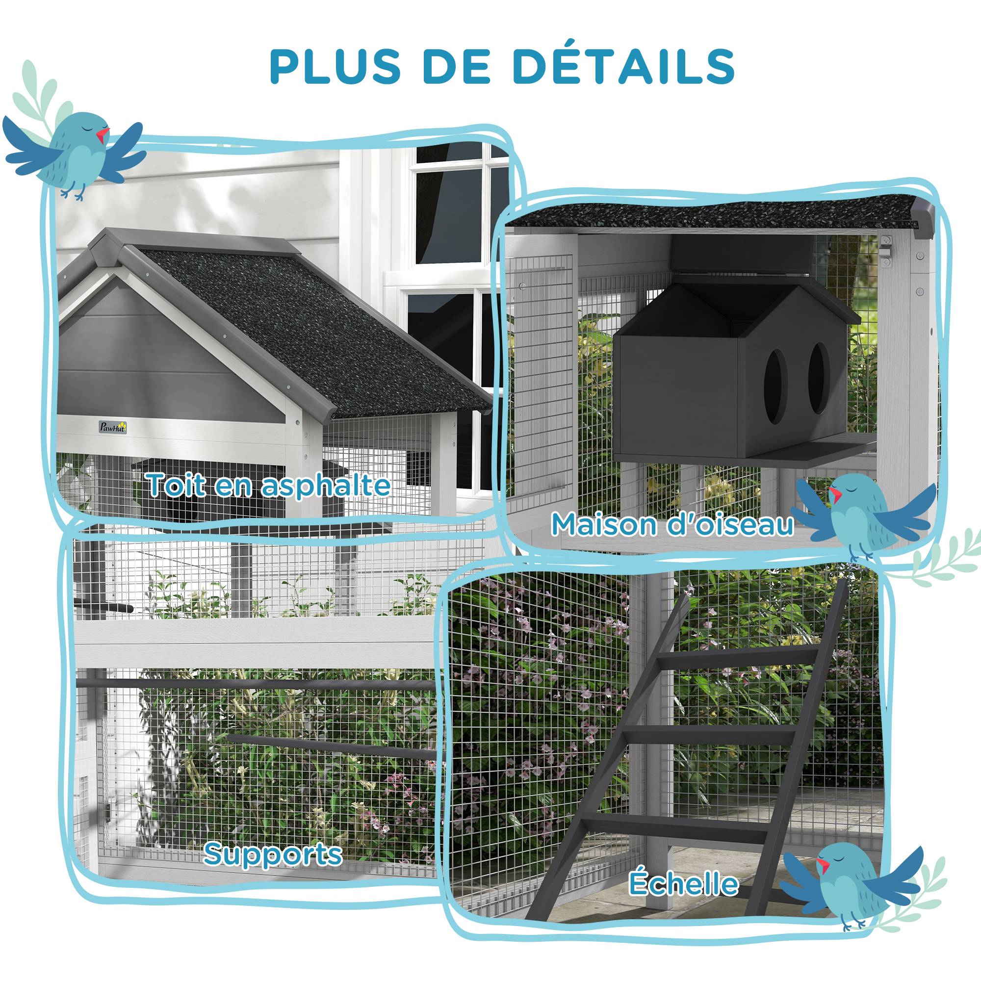 Cage à oiseaux en bois cage perroquet aire de jeux toit asphalte imperméable 92 x 52 x 171 cm gris - Image 9