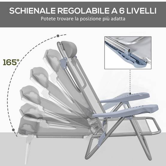Lot de 2 chaises de camping pliantes et inclinables à 6 positions, en aluminium et mousse, 62 x 65 x 80 cm, gris clair - Image 7