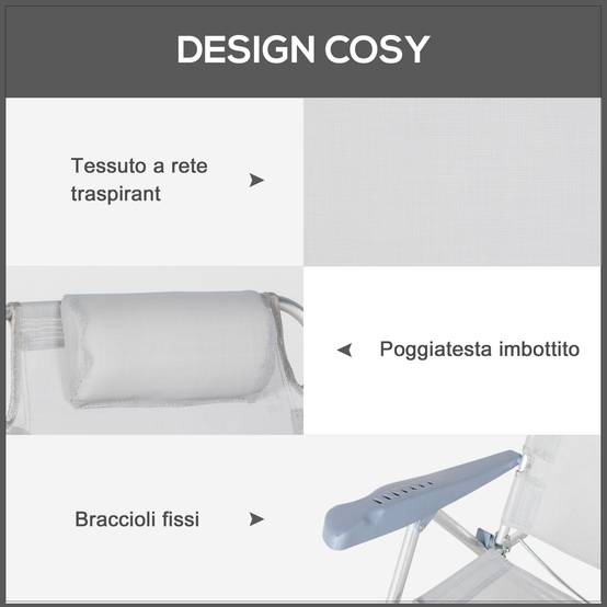 Lot de 2 chaises de camping pliantes et inclinables à 6 positions, en aluminium et mousse, 62 x 65 x 80 cm, gris clair - Image 8