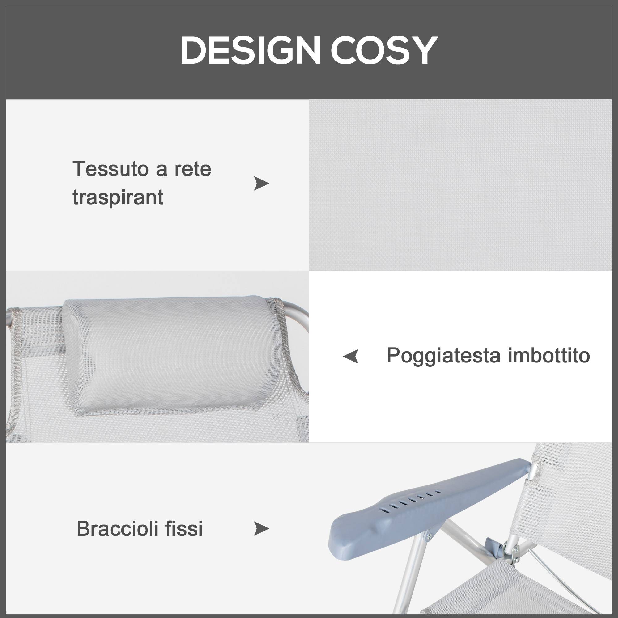 Lot de 2 chaises de camping pliantes et inclinables à 6 positions, en aluminium et mousse, 62 x 65 x 80 cm, gris clair - Image 8