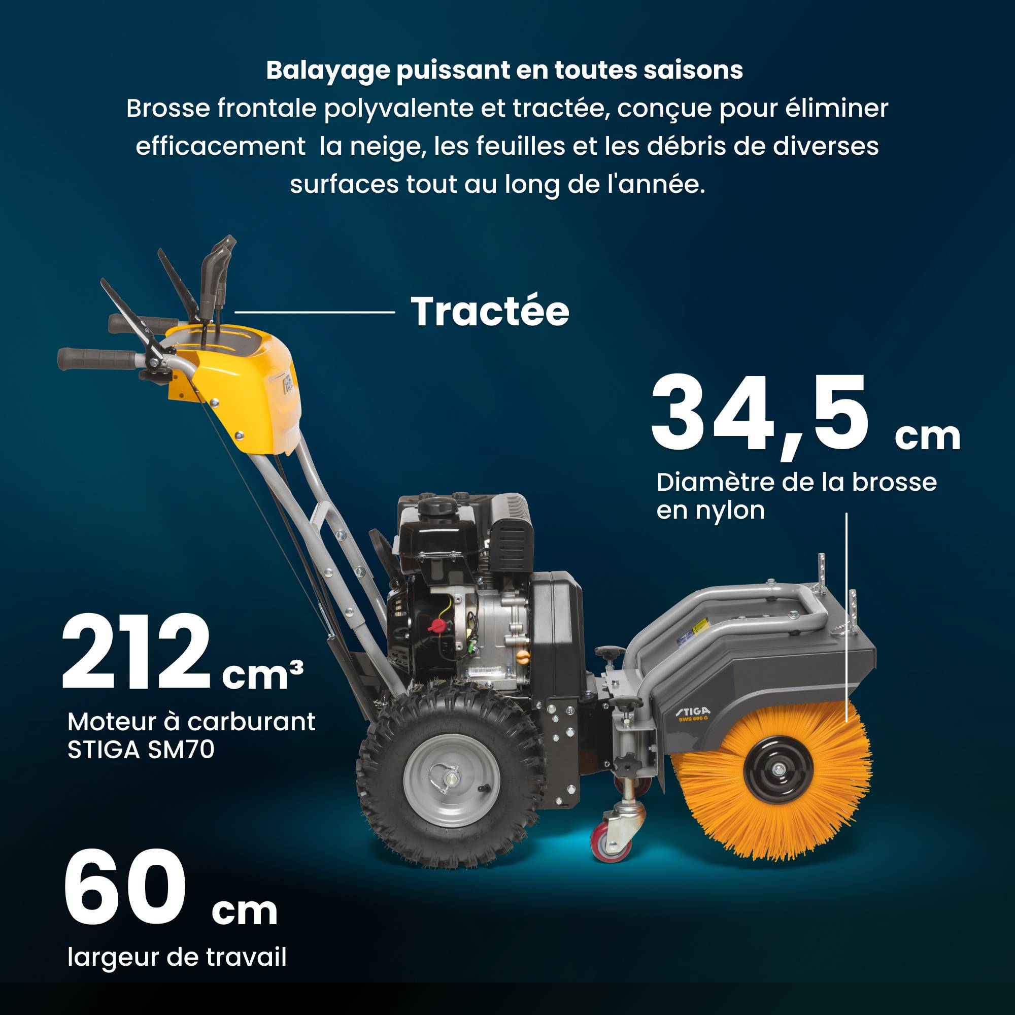 Stiga - Balayeuse thermique SWS 600 G, Moteur essence puissant, Largeur de travail 60 cm, brosse réglable pour déblaiement efficace - STIGA - Image 2