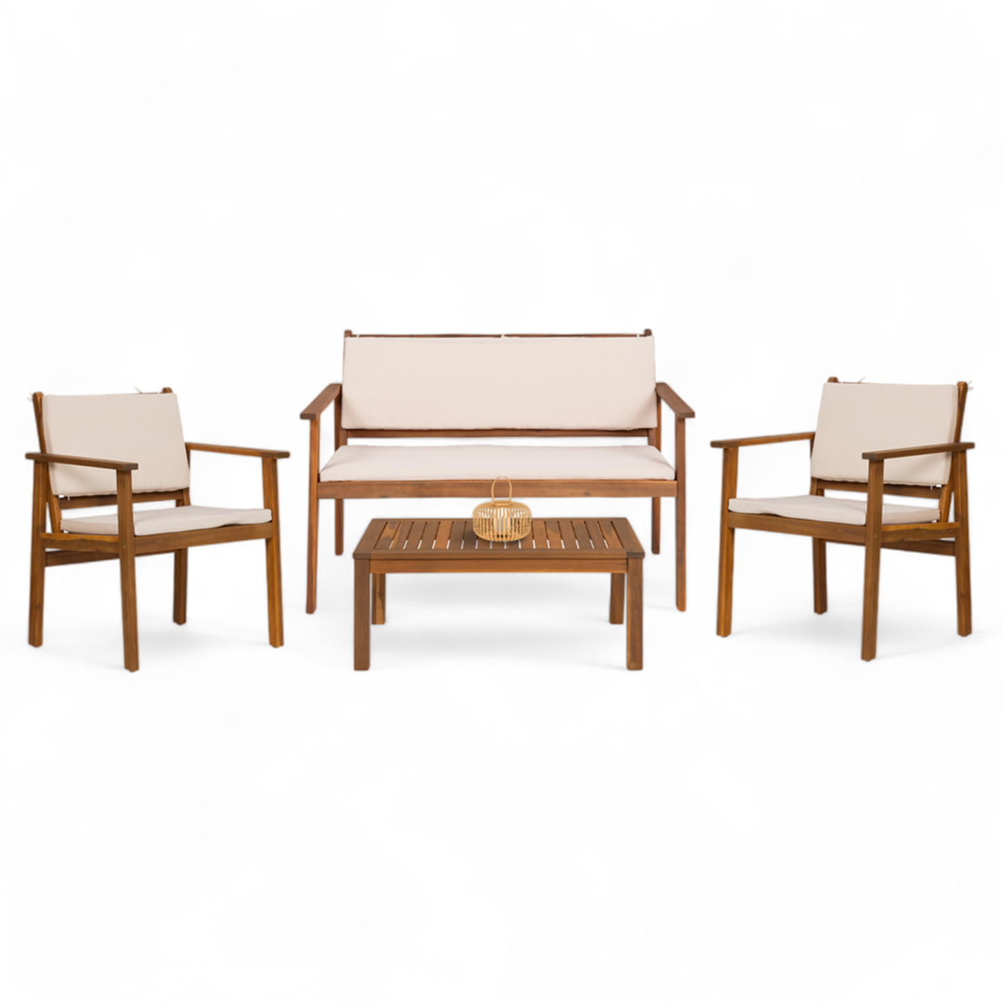 Salon de jardin bas JAKARTA 4 places en acacia avec canapé, fauteuils, table et coussins beiges - Image 1