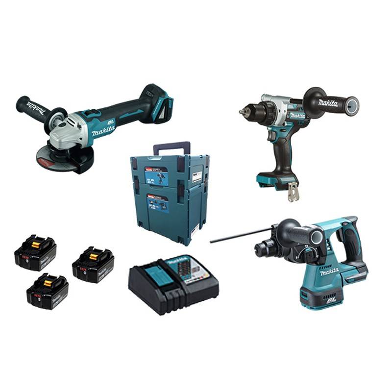 Makita - Lot 3 outils 18V - perceuse visseuse DDF486 + perfo-burineur DHR243 + disqueuse DGA506 - MAKITA - avec 3 batteries 18V 5.0Ah - chargeur - MakPac - DLX - Image 1