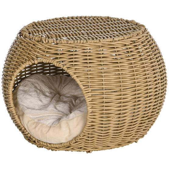 Niche chat 2 niveaux résine tressée pour repos intérieur avec coussin doux Ø40x30cm marron - ComfortXL Outdoor Living - Image 2