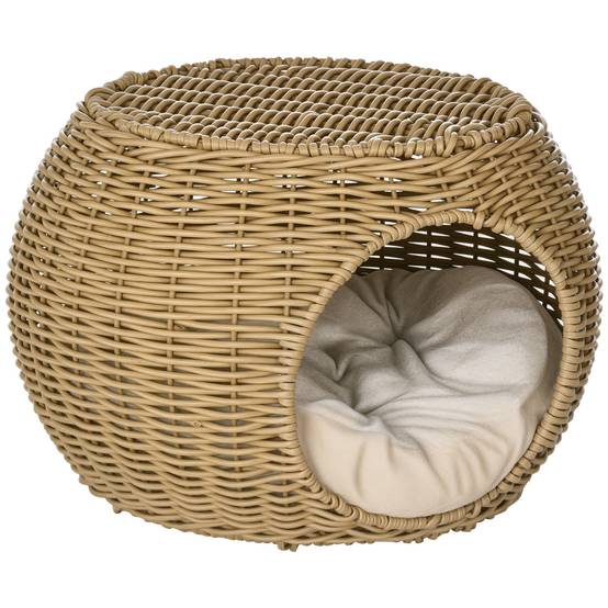 Niche chat 2 niveaux résine tressée pour repos intérieur avec coussin doux Ø40x30cm marron - ComfortXL Outdoor Living - Image 1