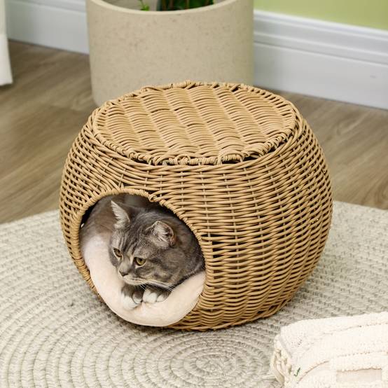 Niche chat 2 niveaux résine tressée pour repos intérieur avec coussin doux Ø40x30cm marron - ComfortXL Outdoor Living - Image 9