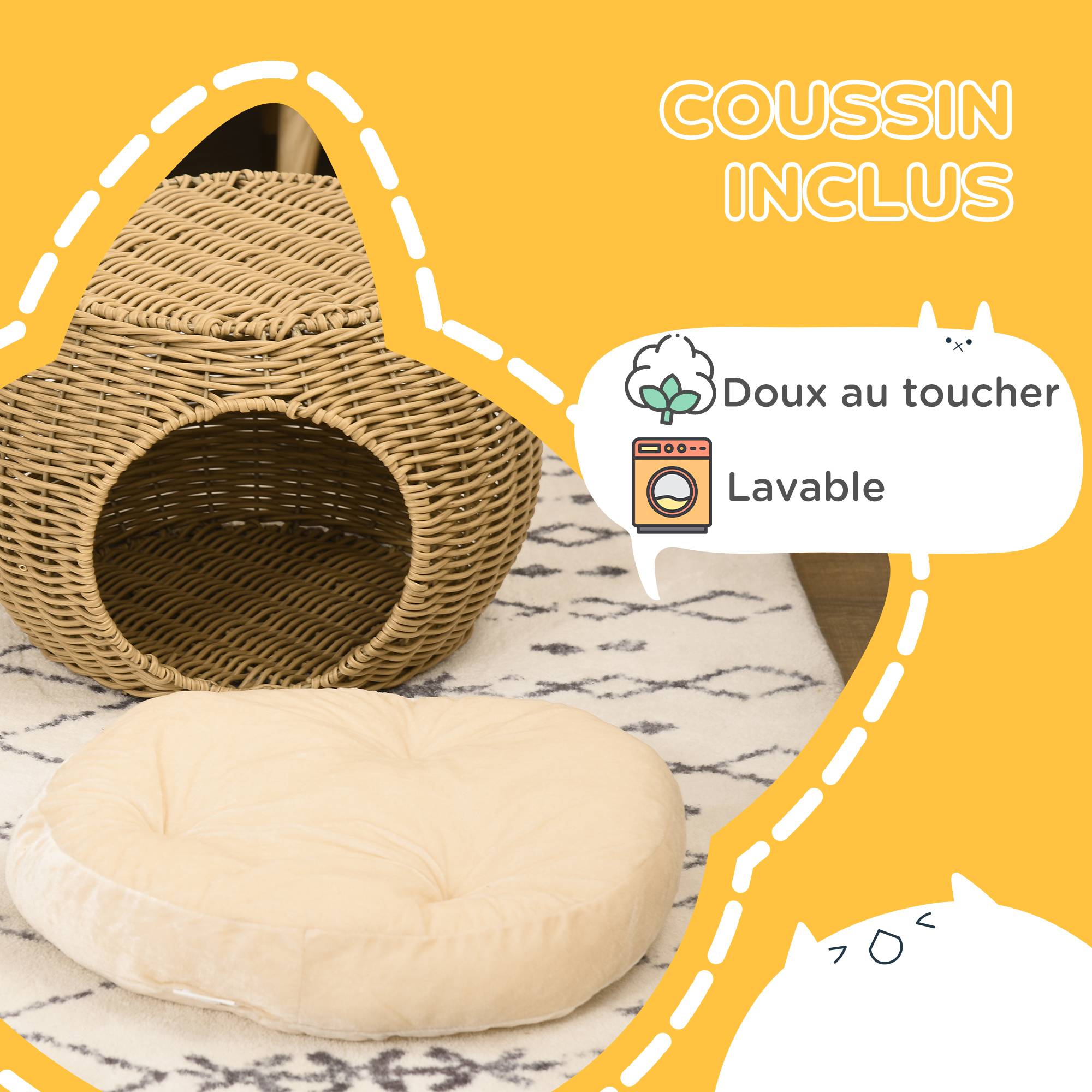 Niche chat 2 niveaux résine tressée pour repos intérieur avec coussin doux Ø40x30cm marron - ComfortXL Outdoor Living - Image 8