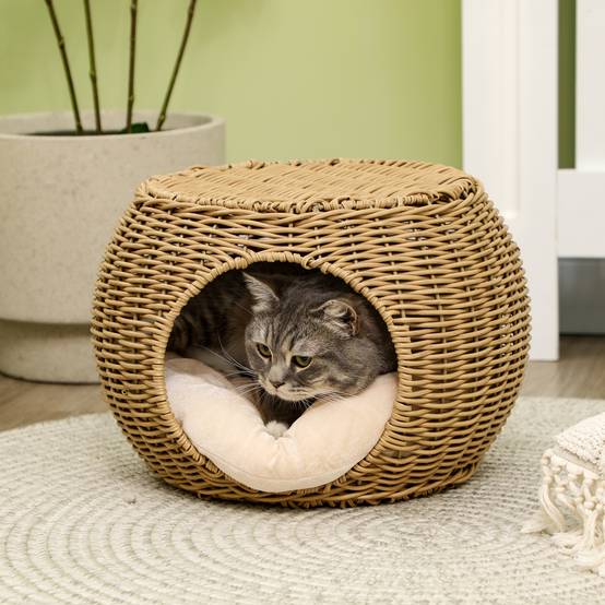 Niche chat 2 niveaux résine tressée pour repos intérieur avec coussin doux Ø40x30cm marron - ComfortXL Outdoor Living - Image 4