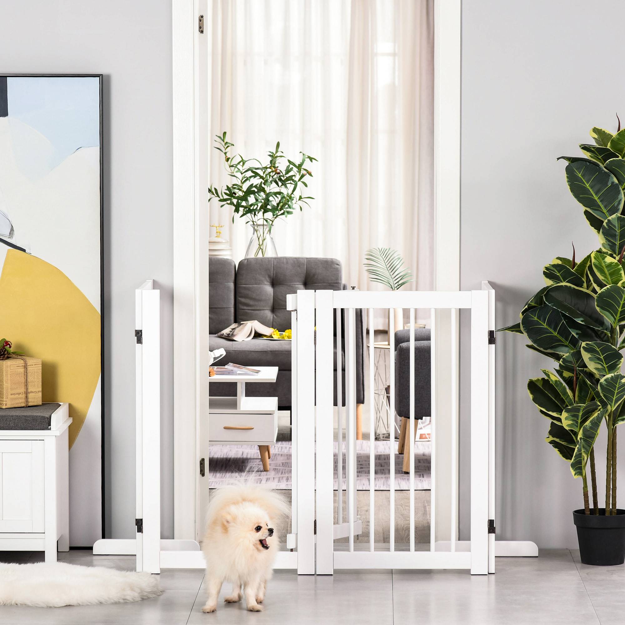 Sans Marque - Barrière autonome en bois avec pieds, 220x91 cm, pour escaliers, portes, cuisine, 4 panneaux, blanc - Image 4