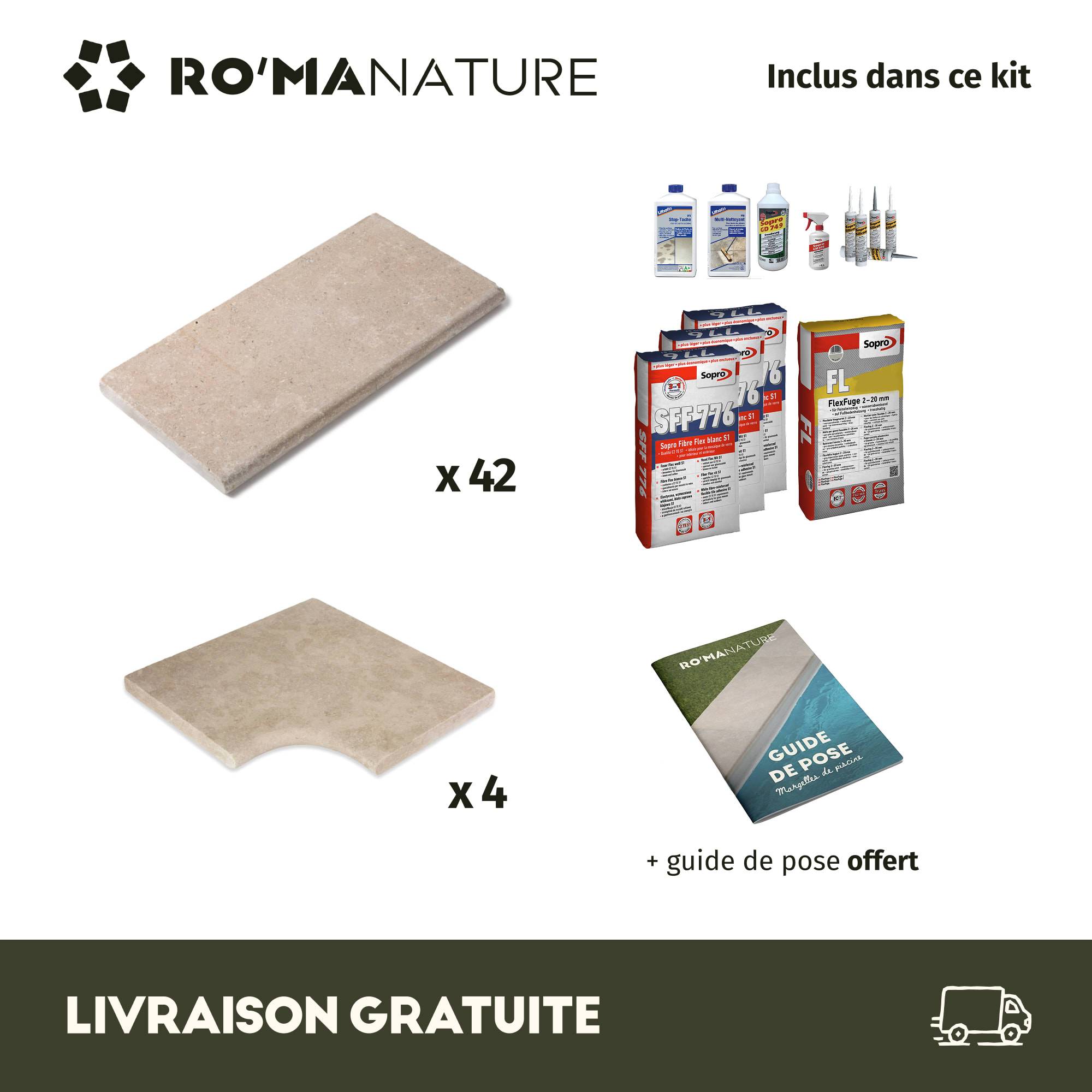 RO'MA Nature - KIT COMPLET - Margelles pour piscine 8x4m en Pierre Egypte Beige (avec colle, joint, hydrofuge ...) - RO'MA NATURE - Image 3