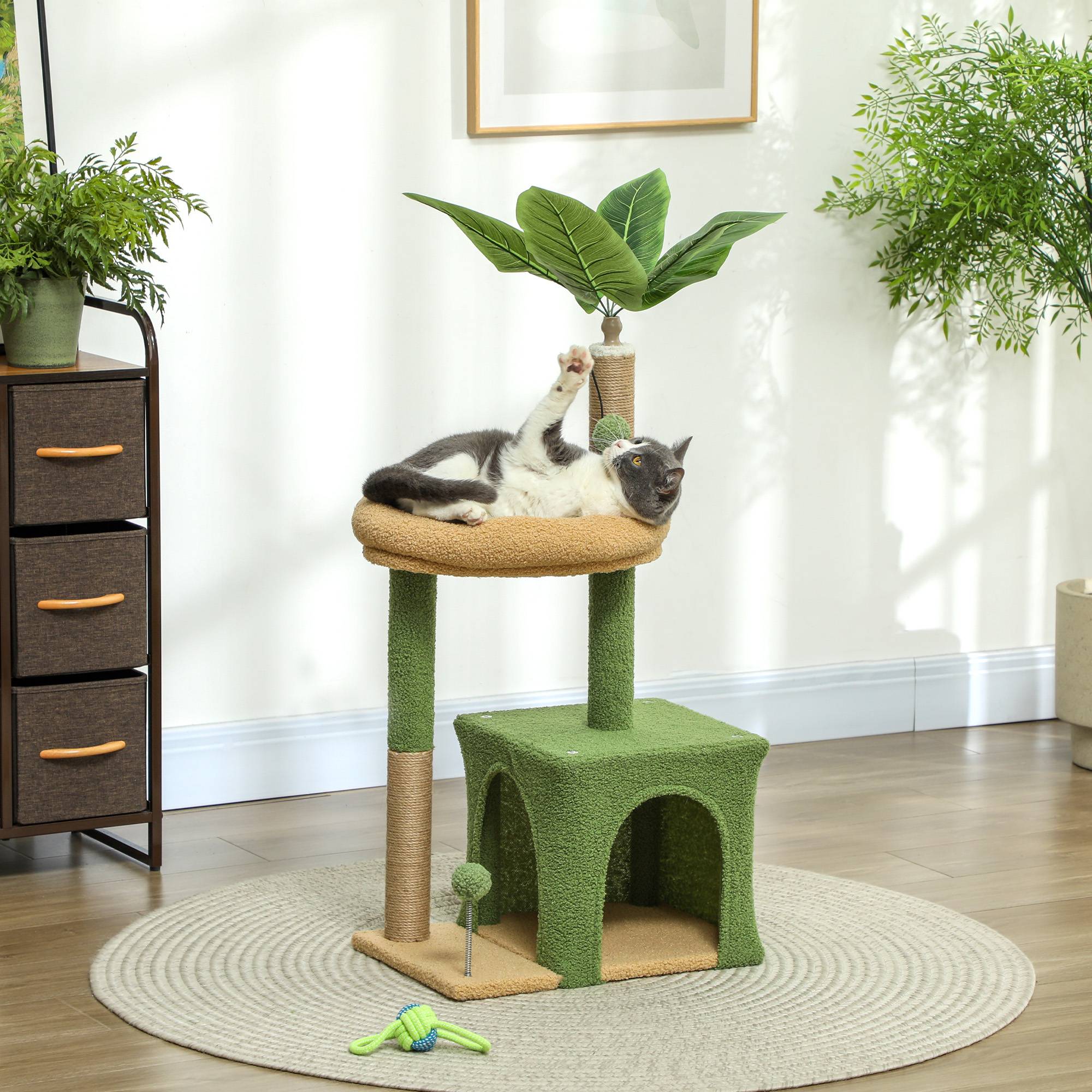 arbre à chat bois niche panier 2 balles mobilier chat intérieur 44x30x98 cm vert marron griffoir stable - Image 3
