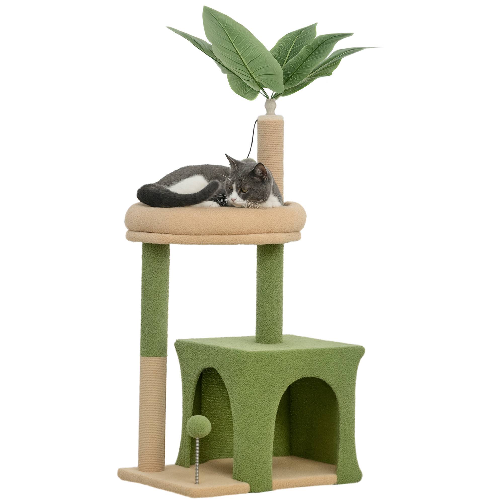 arbre à chat bois niche panier 2 balles mobilier chat intérieur 44x30x98 cm vert marron griffoir stable - Image 1