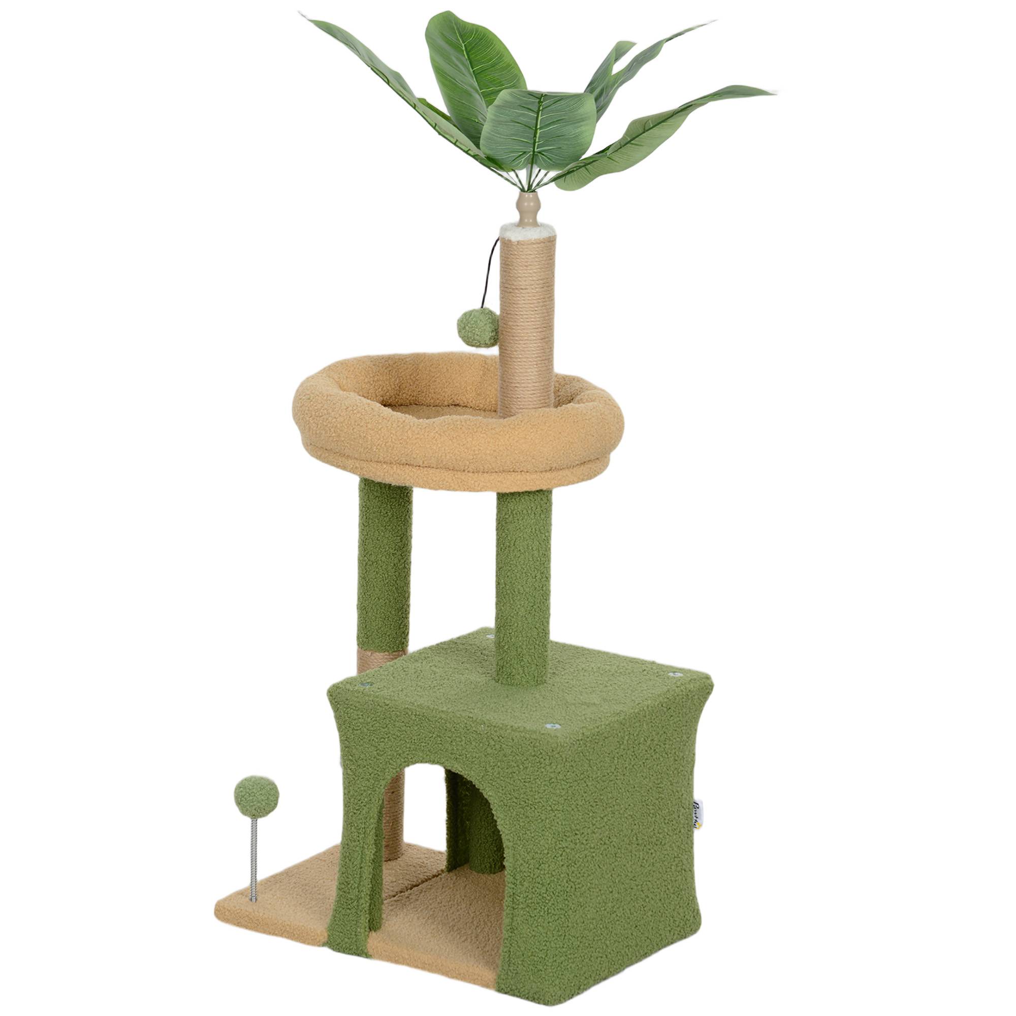 arbre à chat bois niche panier 2 balles mobilier chat intérieur 44x30x98 cm vert marron griffoir stable - Image 2