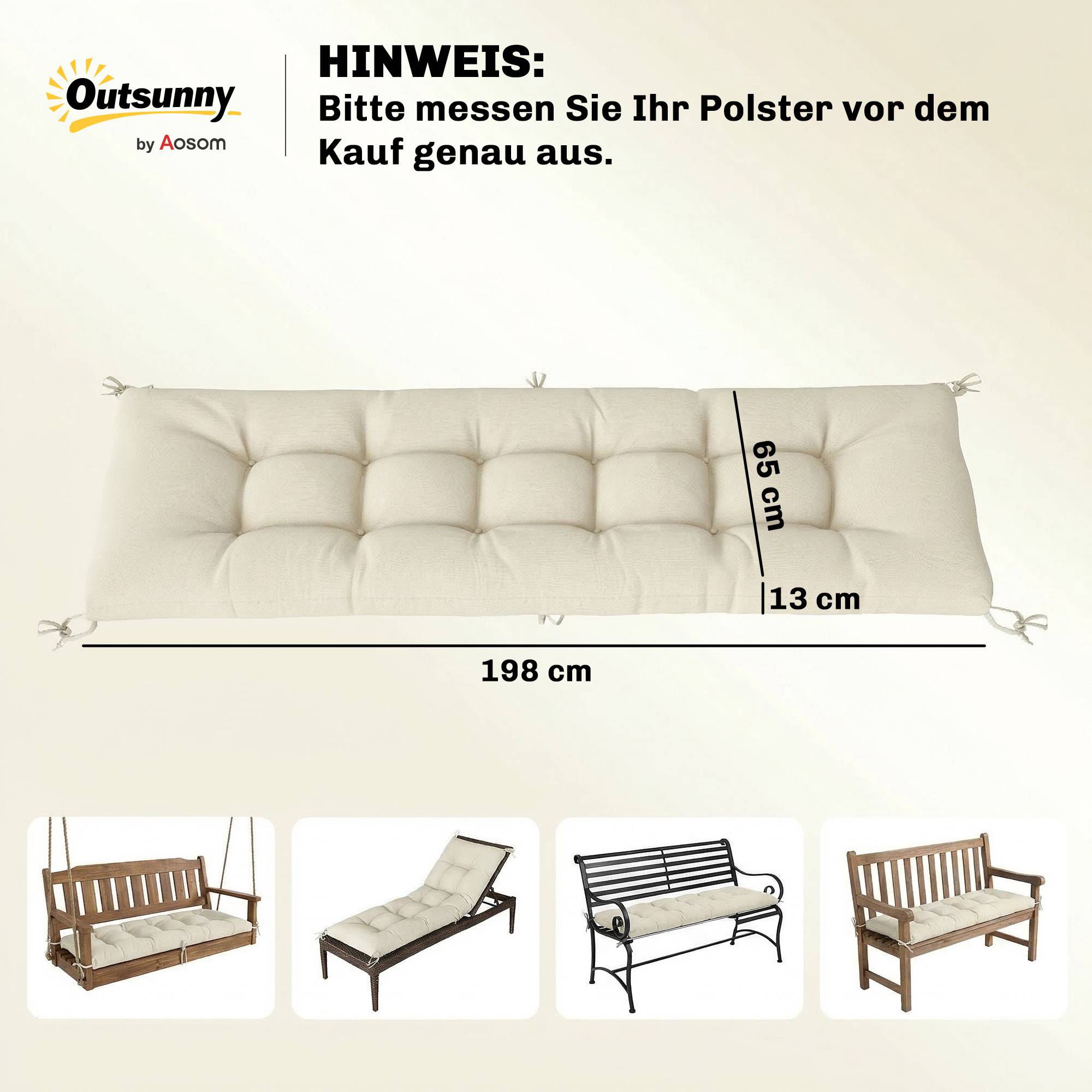 ComfortXL - Coussin bain de soleil polyester 198 x 65 x 13 cm beige extérieur déperlant UV50+ avec sangles de fixation - Image 3