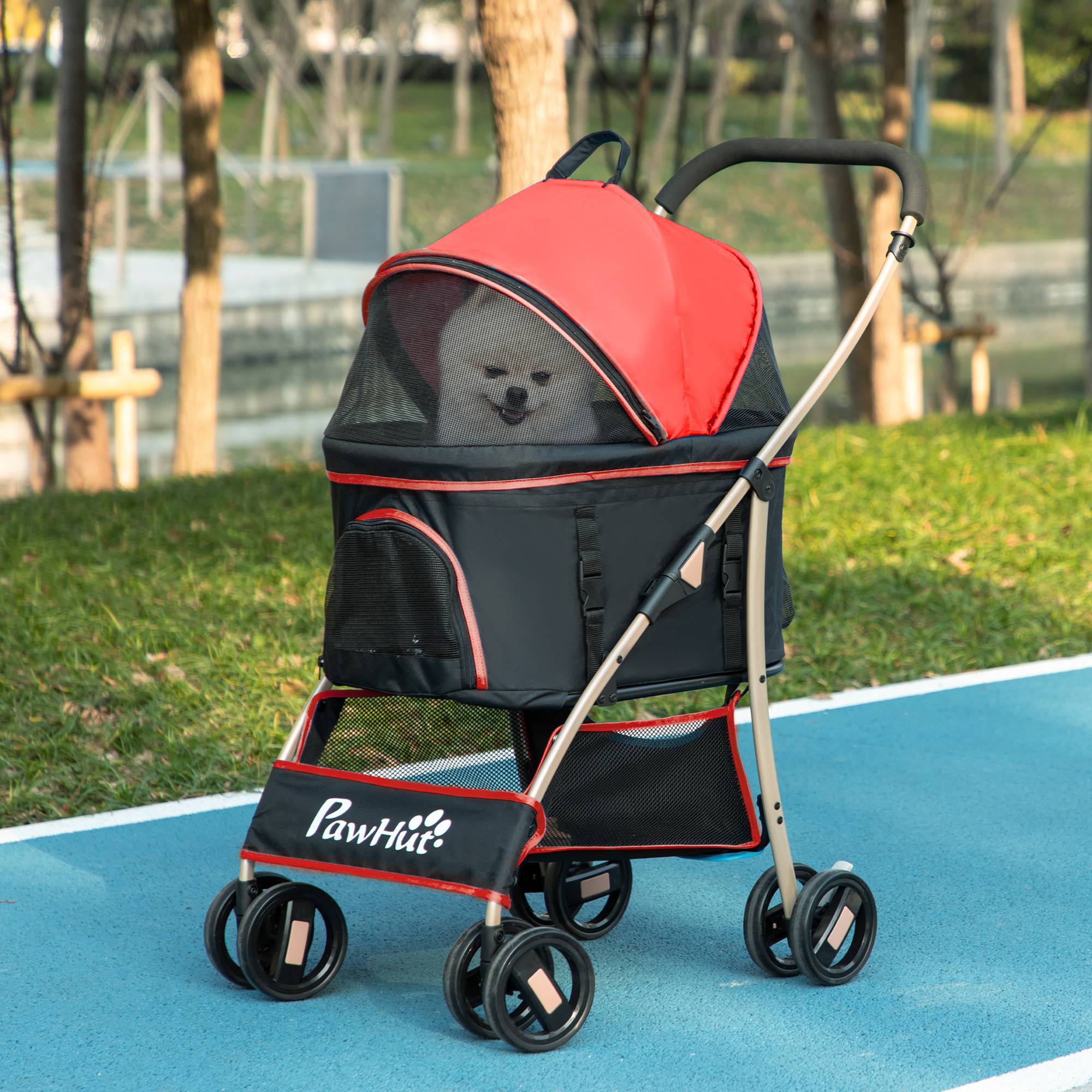 Poussette chien chariot 2-en-1 pliable 1 panier 1 sac 82 x 49,5 x 98 cm rouge - Image 4