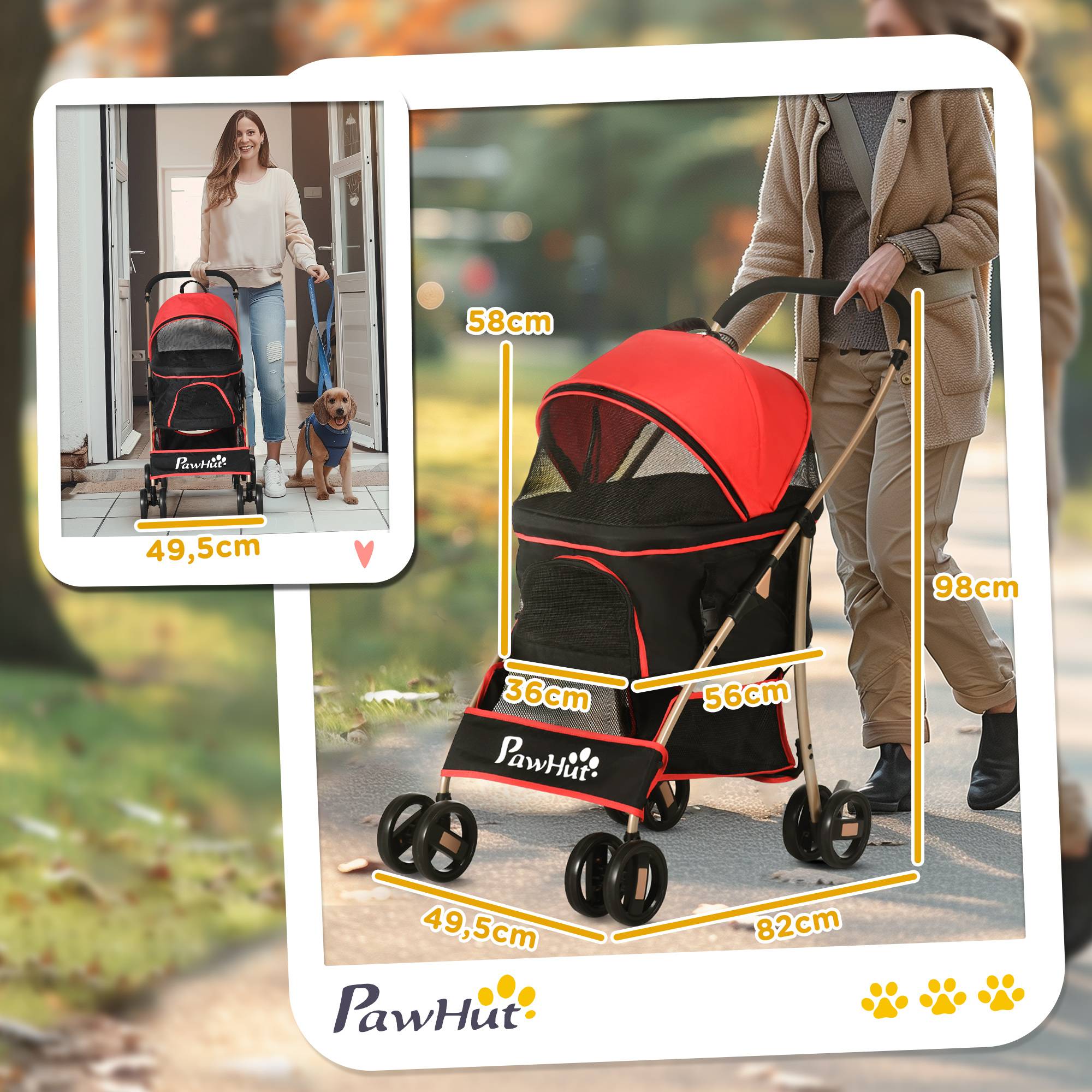 Poussette chien chariot 2-en-1 pliable 1 panier 1 sac 82 x 49,5 x 98 cm rouge - Image 5