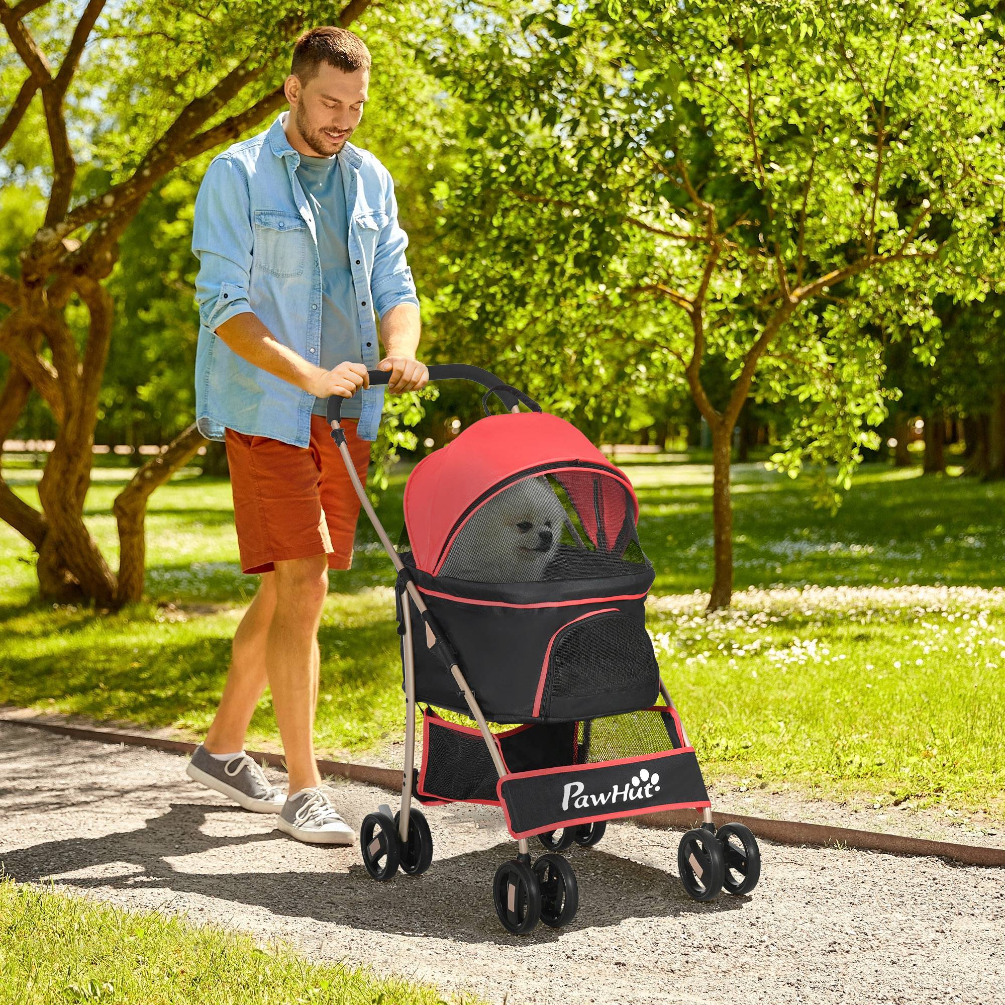 Poussette chien chariot 2-en-1 pliable 1 panier 1 sac 82 x 49,5 x 98 cm rouge - Image 3
