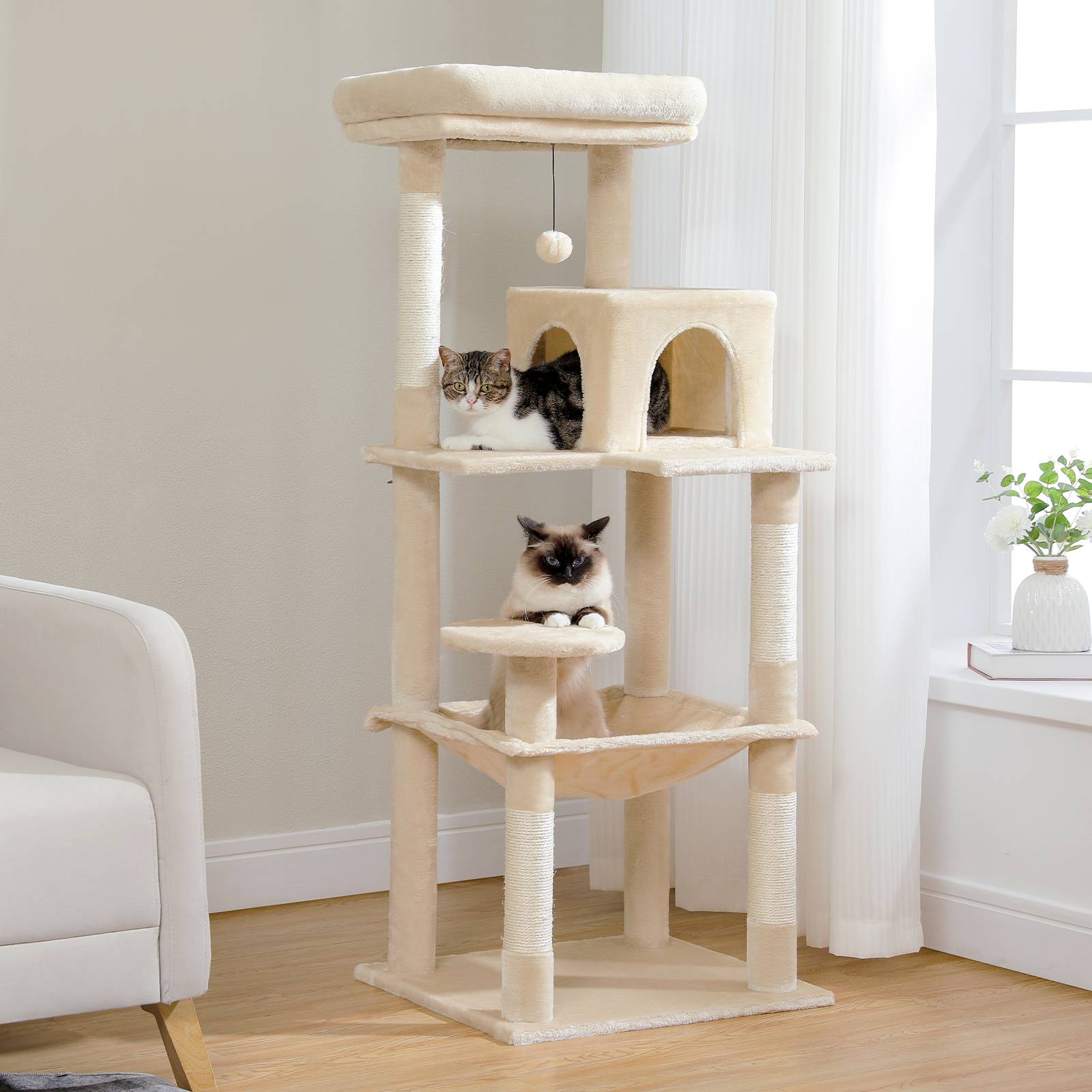 Arbre à Chat 143 cm avec Hamac et Maison Beige L PAWZ Road - Image 5
