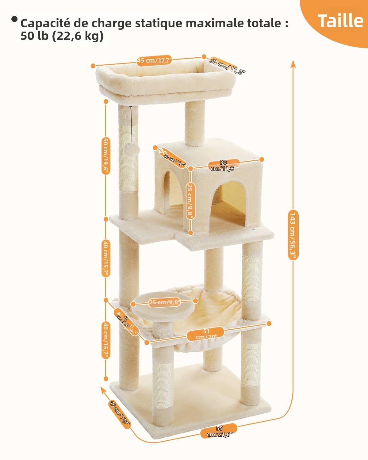 Arbre à Chat 143 cm avec Hamac et Maison Beige L PAWZ Road - Image 2
