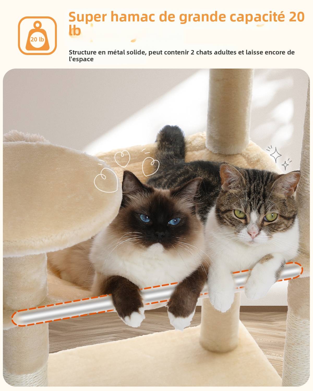 Arbre à Chat 143 cm avec Hamac et Maison Beige L PAWZ Road - Image 3