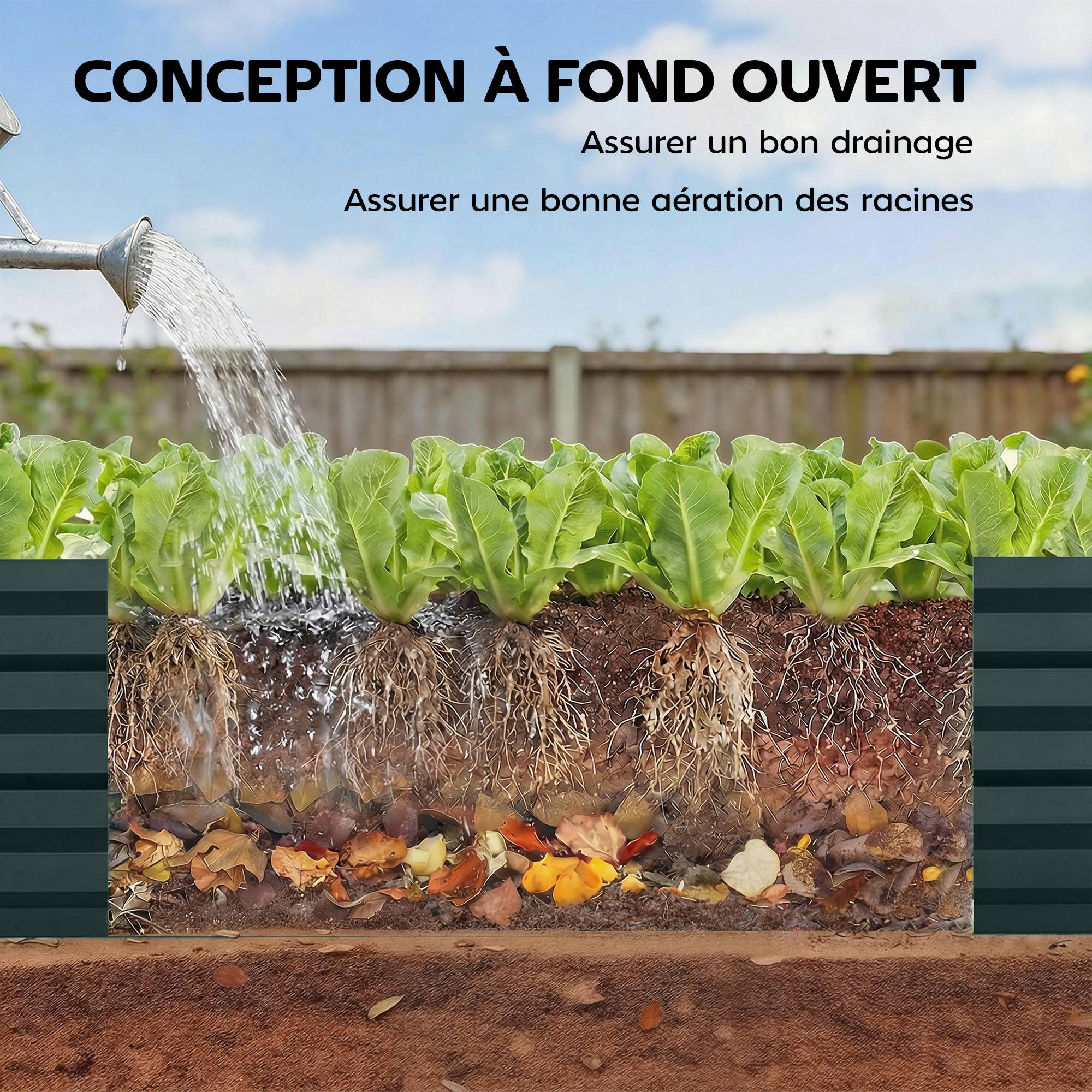 Sans Marque - Jardinière rectangulaire potager de jardin en acier galvanisé bordure de sécurité et fond ouvert 150x70x30cm vert - Image 7