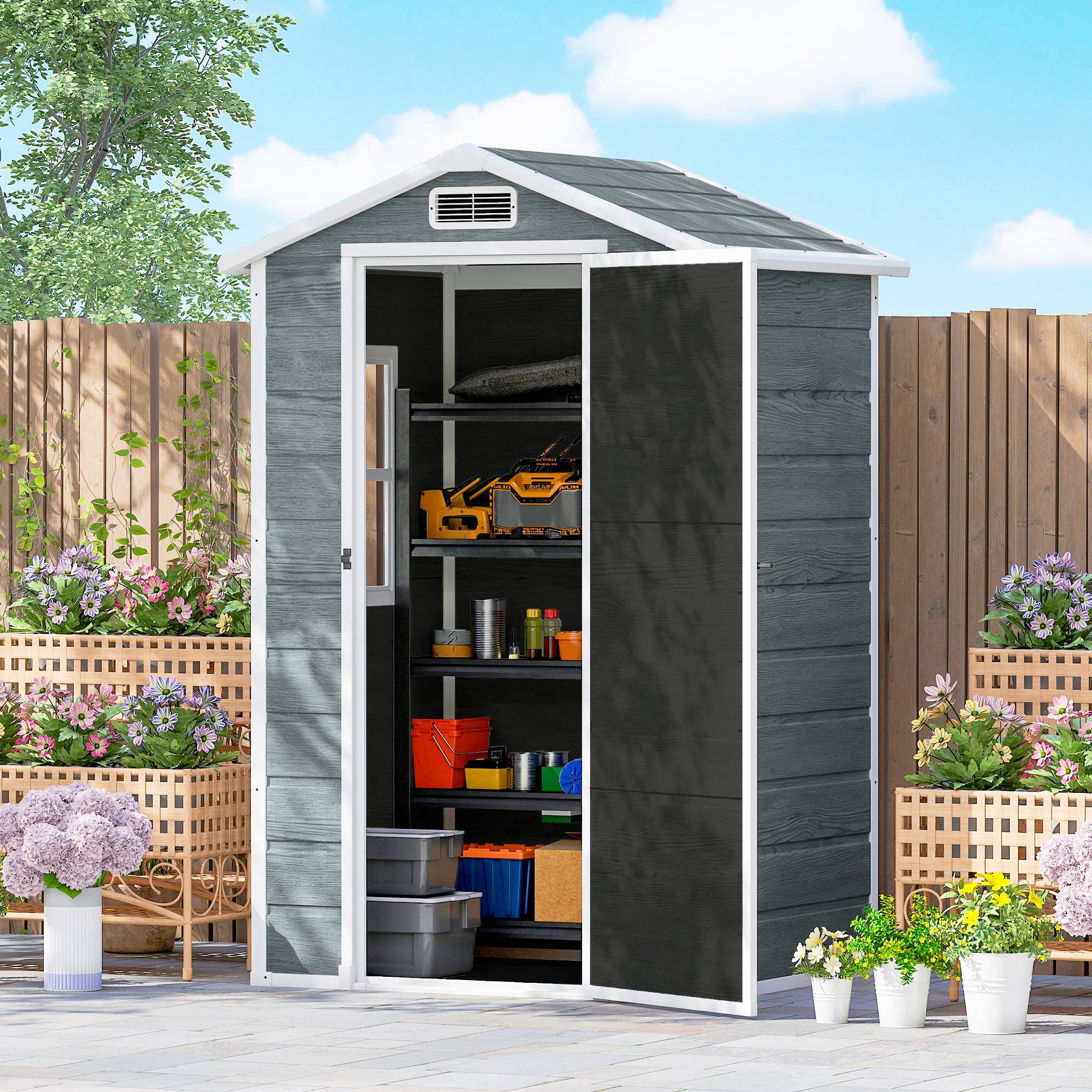 Sans Marque - Abri de jardin en plastique avec plancher porte verrouillable fenêtre et ventilation 128 x 104 x196 cm gris - Image 4
