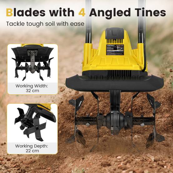 Motoculteur Électrique Filaire Pliable 750W, Largeur/Profondeur de Travail 32 cm/22 cm, Motobineuse Électrique avec Verrouillage de Sécurité, Jaune - Image 3