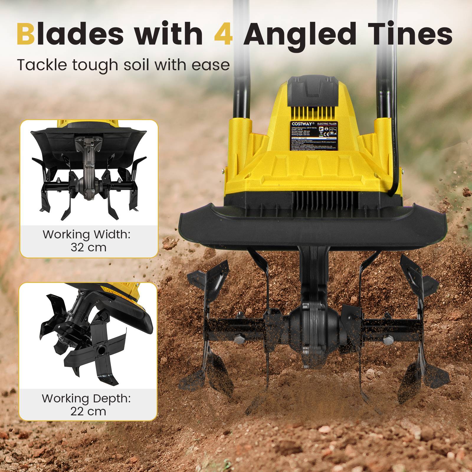 Motoculteur Électrique Filaire Pliable 750W, Largeur/Profondeur de Travail 32 cm/22 cm, Motobineuse Électrique avec Verrouillage de Sécurité, Jaune - Image 3