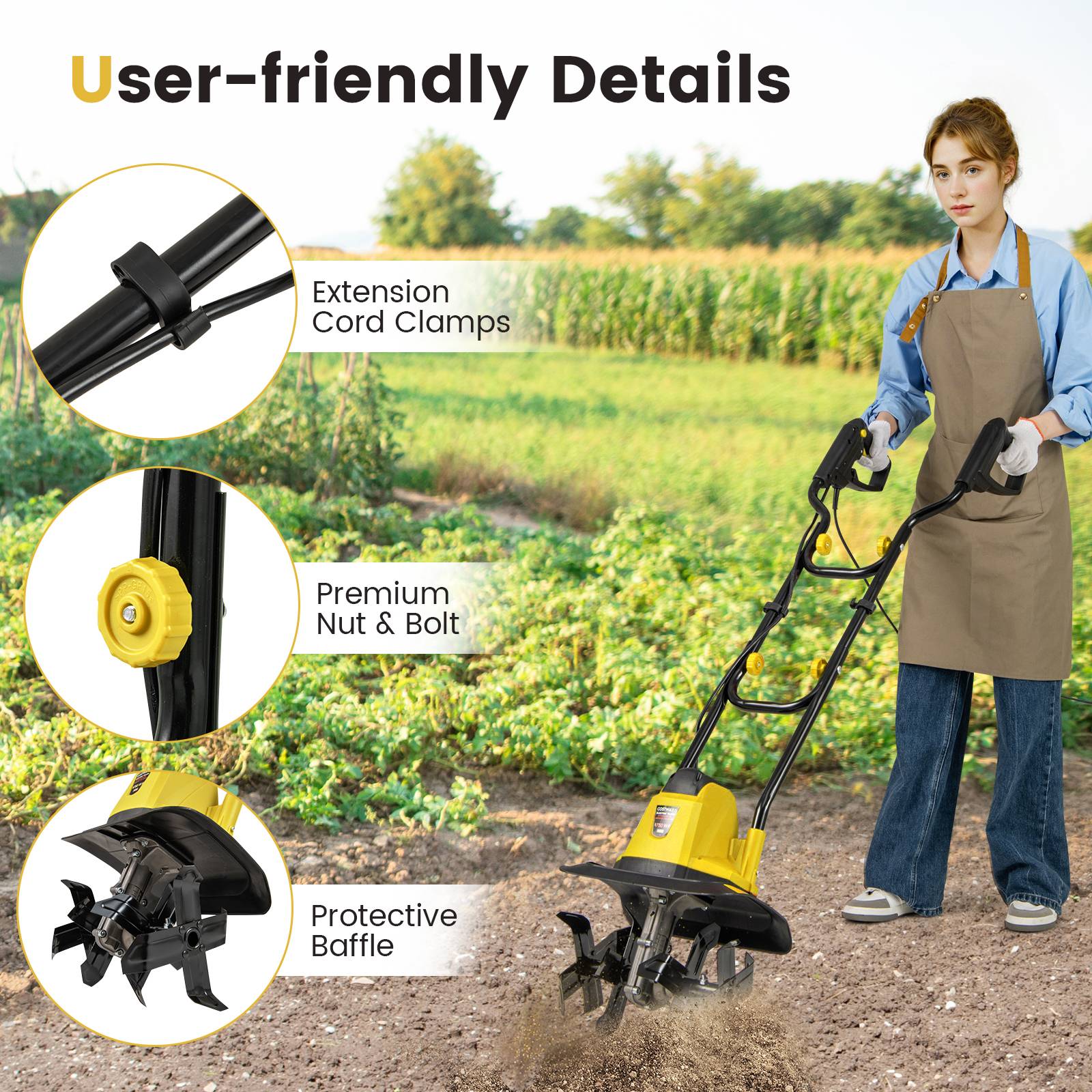 Motoculteur Électrique Filaire Pliable 750W, Largeur/Profondeur de Travail 32 cm/22 cm, Motobineuse Électrique avec Verrouillage de Sécurité, Jaune - Image 4