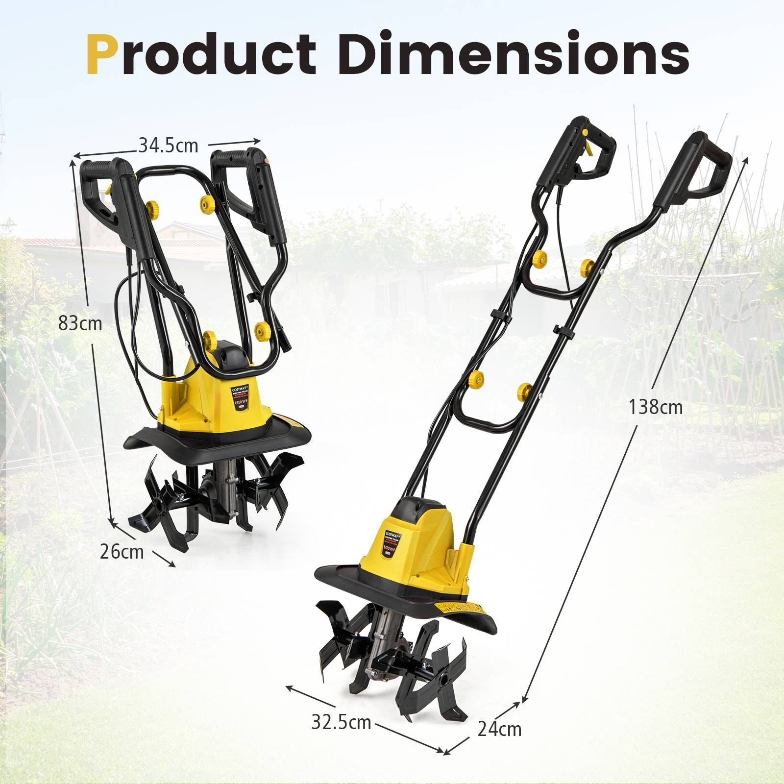 Motoculteur Électrique Filaire Pliable 750W, Largeur/Profondeur de Travail 32 cm/22 cm, Motobineuse Électrique avec Verrouillage de Sécurité, Jaune - Image 5