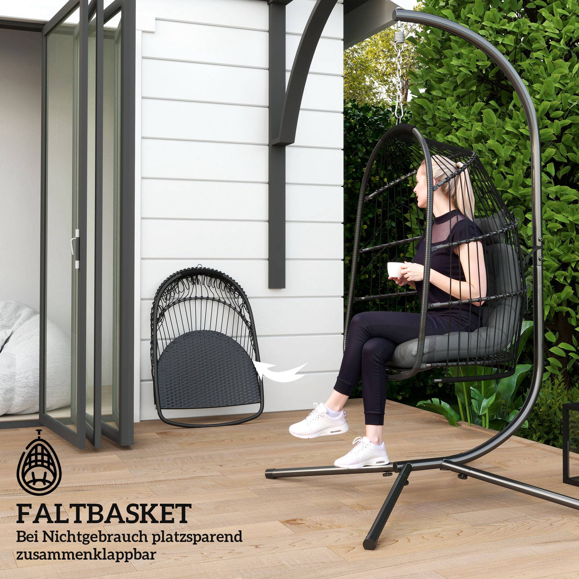 Fauteuil Suspendu Œuf Résine Intérieur Extérieur Pliable Coussin Gris Foncé - ComfortXL Outdoor Living - Image 6