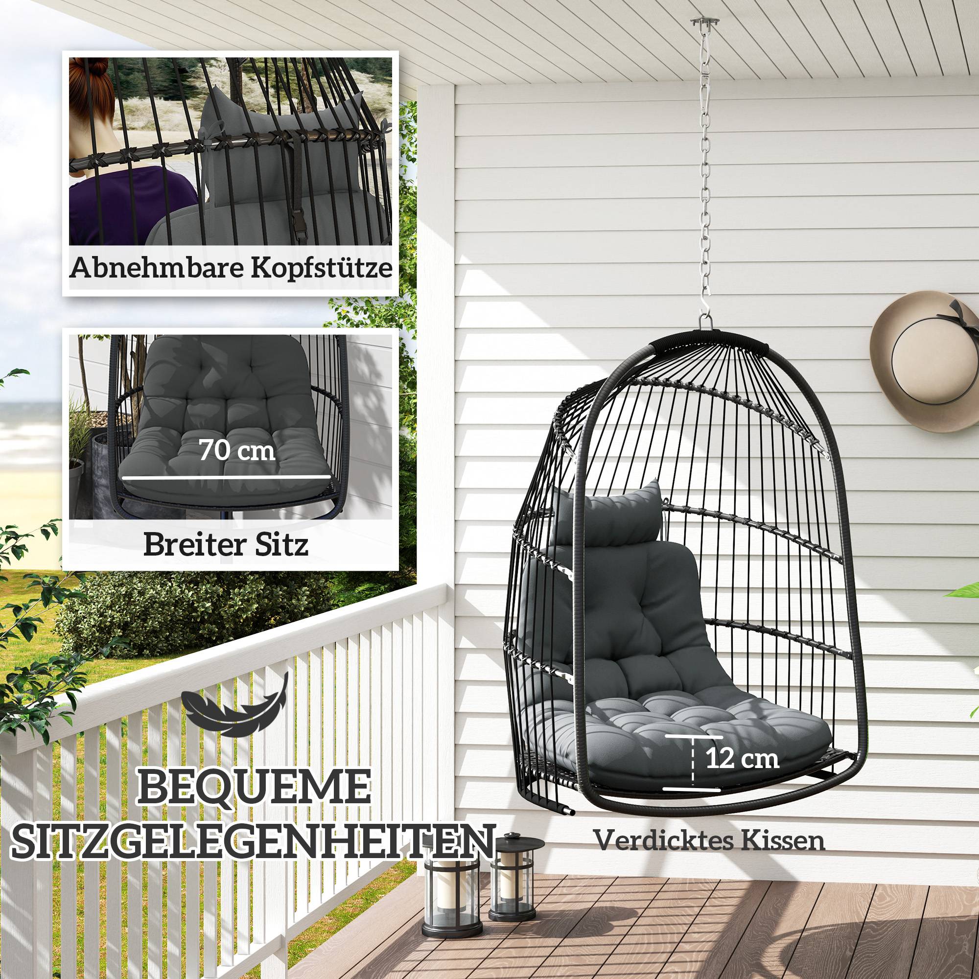 Fauteuil Suspendu Œuf Résine Intérieur Extérieur Pliable Coussin Gris Foncé - ComfortXL Outdoor Living - Image 4