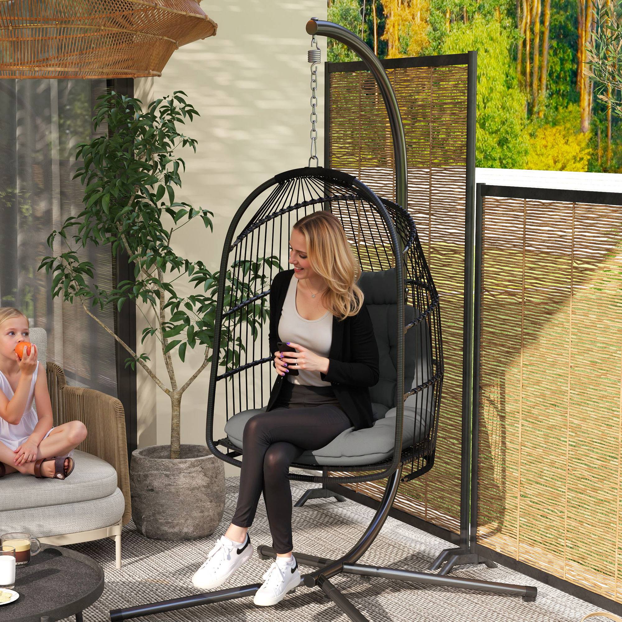 Fauteuil Suspendu Œuf Résine Intérieur Extérieur Pliable Coussin Gris Foncé - ComfortXL Outdoor Living - Image 1