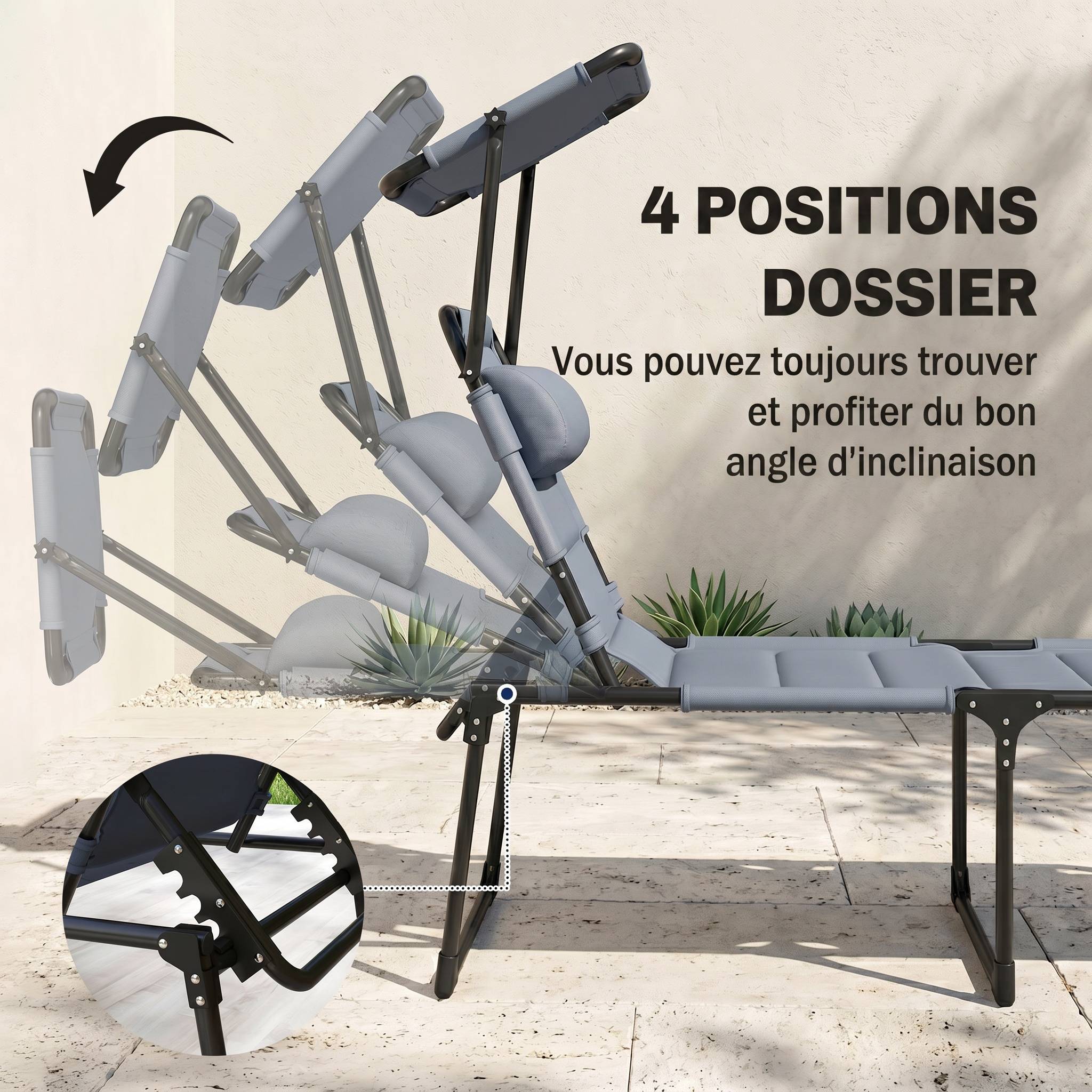 Bain de soleil chaise longue pliante avec pare-soleil appuie-tête, 200x70x45cm Tissu Oxford Gris fr20 - Image 6