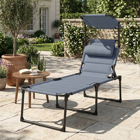Bain de soleil chaise longue pliante avec pare-soleil appuie-tête, 200x70x45cm Tissu Oxford Gris fr20 - Image 4