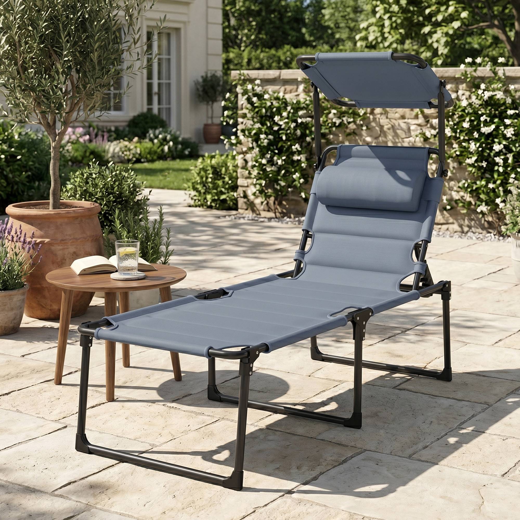 Bain de soleil chaise longue pliante avec pare-soleil appuie-tête, 200x70x45cm Tissu Oxford Gris fr20 - Image 4