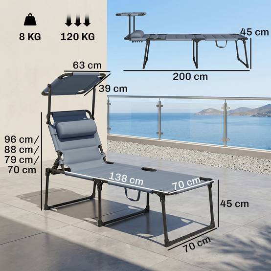 Bain de soleil chaise longue pliante avec pare-soleil appuie-tête, 200x70x45cm Tissu Oxford Gris fr20 - Image 5