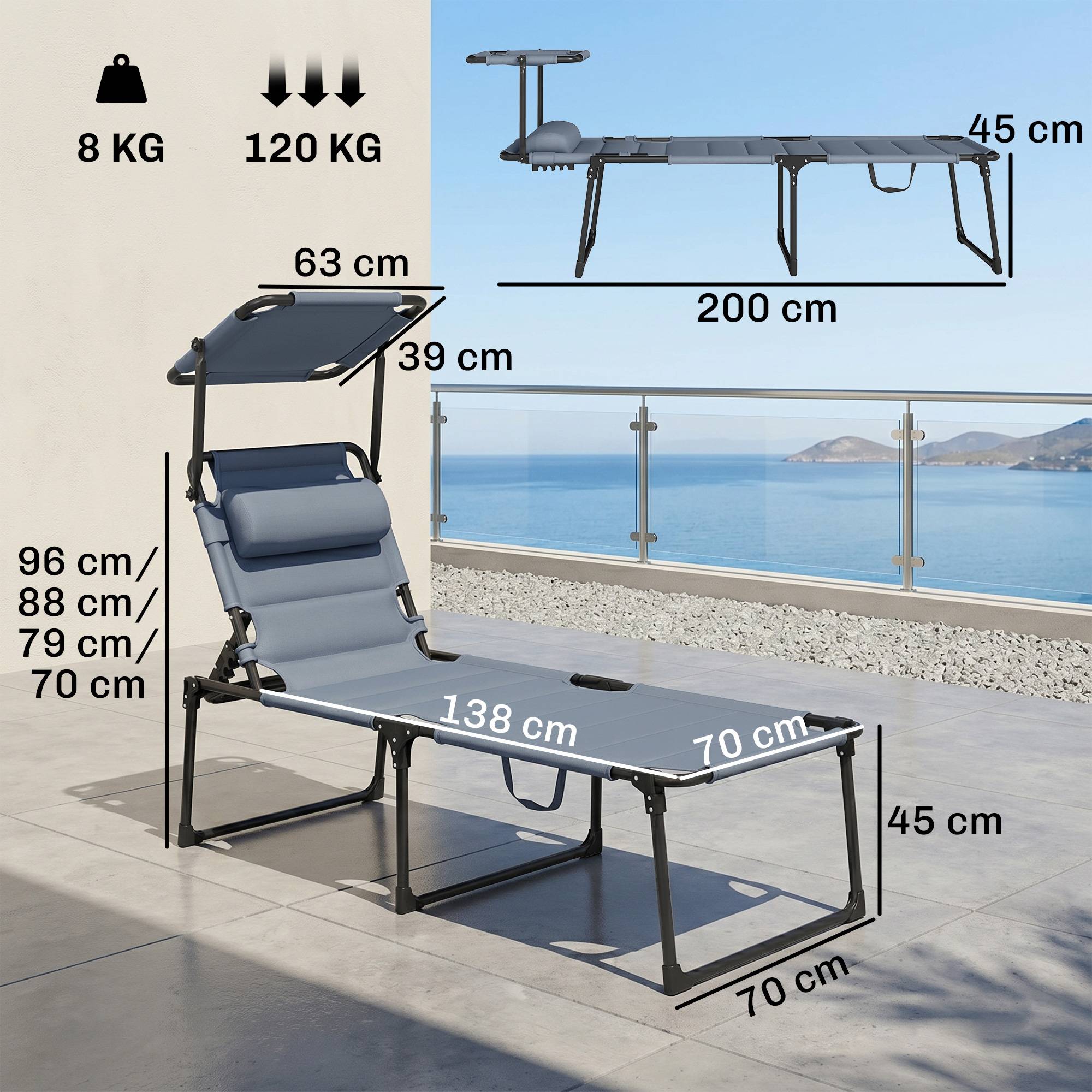 Bain de soleil chaise longue pliante avec pare-soleil appuie-tête, 200x70x45cm Tissu Oxford Gris fr20 - Image 5