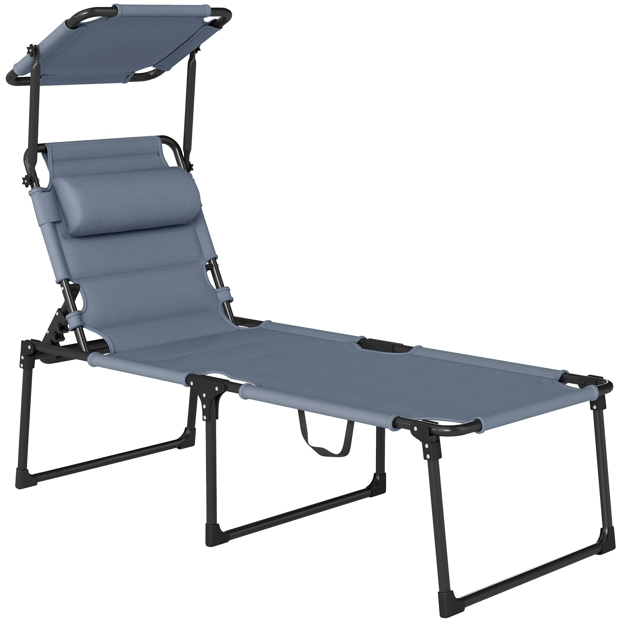 Bain de soleil chaise longue pliante avec pare-soleil appuie-tête, 200x70x45cm Tissu Oxford Gris fr20 - Image 1