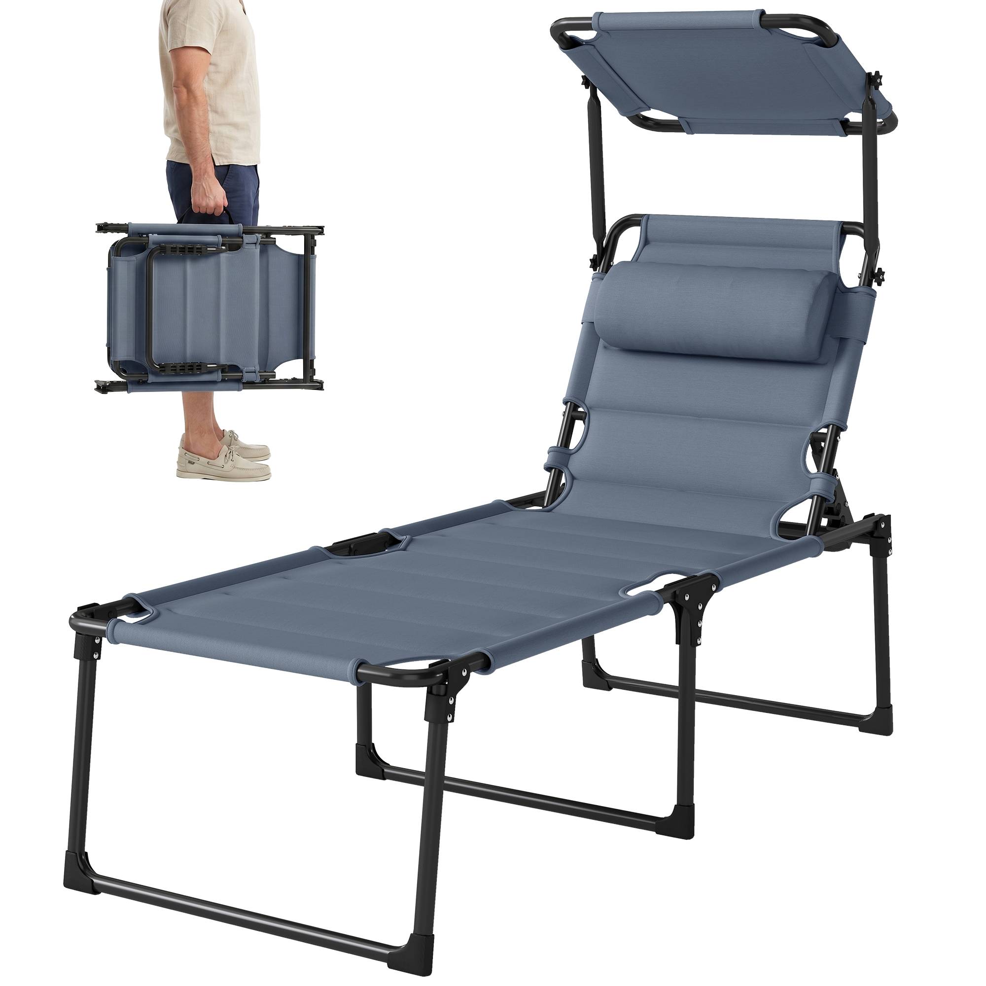 Bain de soleil chaise longue pliante avec pare-soleil appuie-tête, 200x70x45cm Tissu Oxford Gris fr20 - Image 2