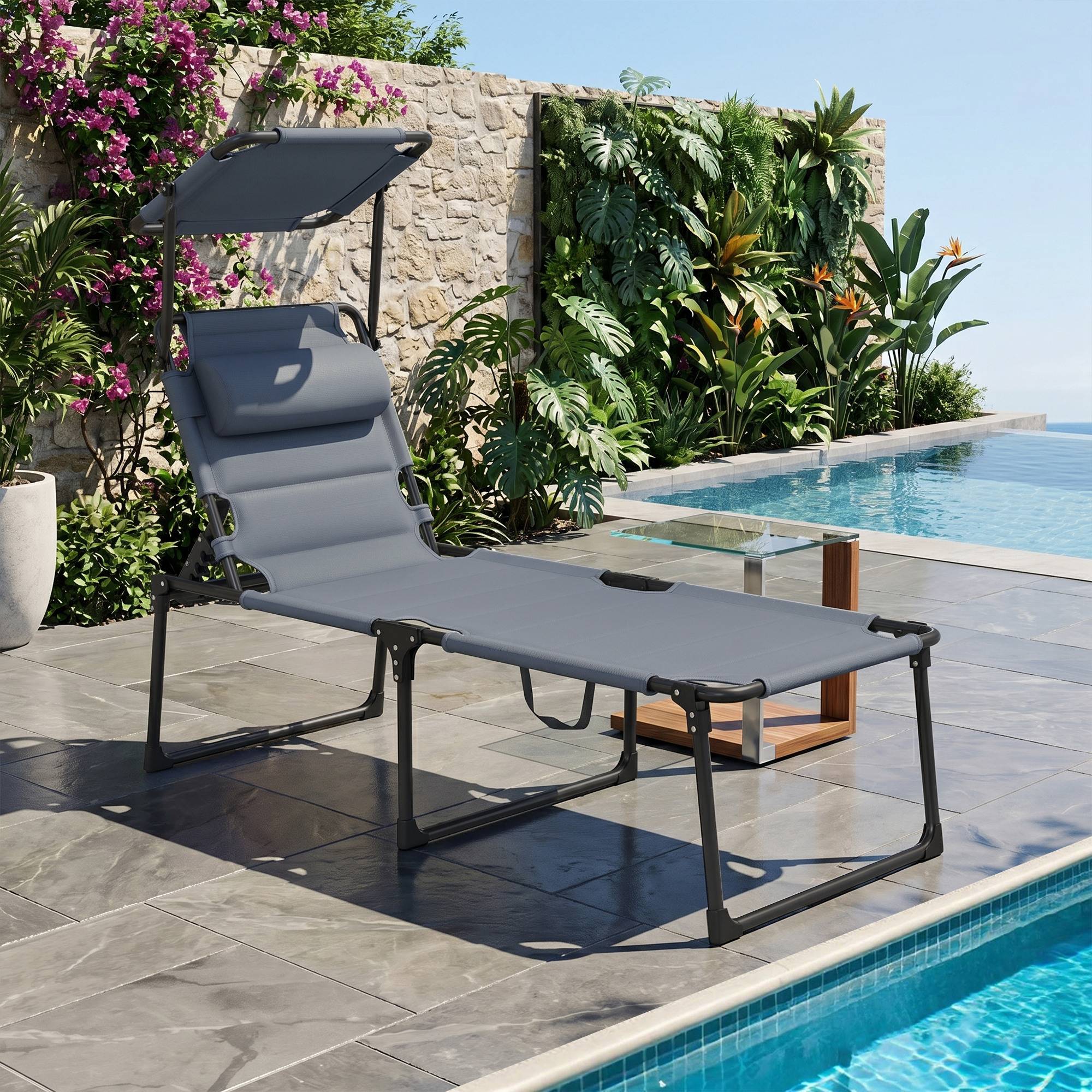 Bain de soleil chaise longue pliante avec pare-soleil appuie-tête, 200x70x45cm Tissu Oxford Gris fr20 - Image 3