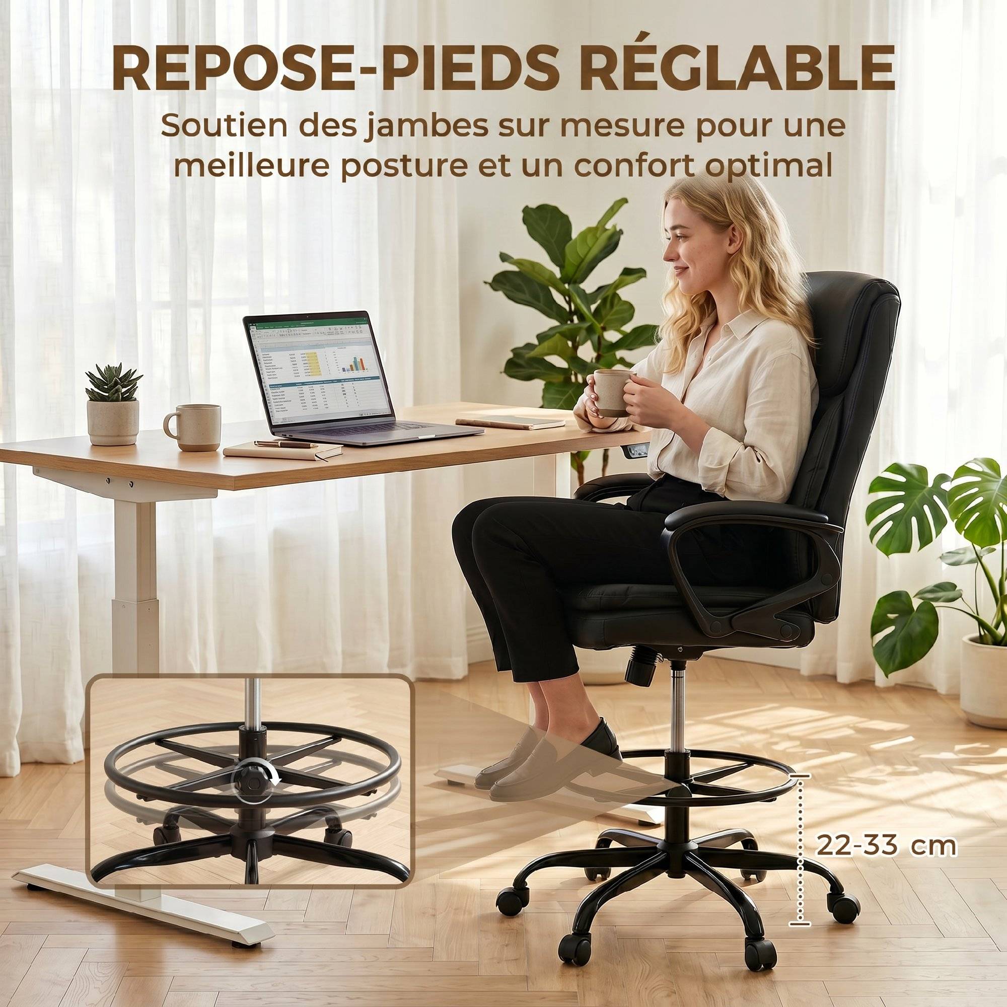 Sans Marque - Chaise bureau ergonomique, chaise de dessin réglable en hauteur, repose-pieds réglable, 61 x 61 x 108 cm, noir - Image 7