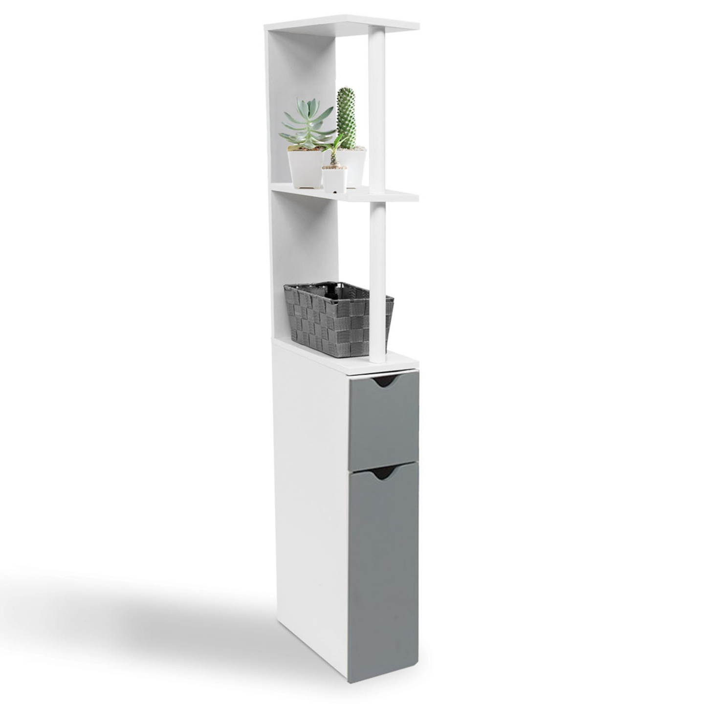 Meuble WC étagère WILLY bois 2 portes blanc et gris - Image 3