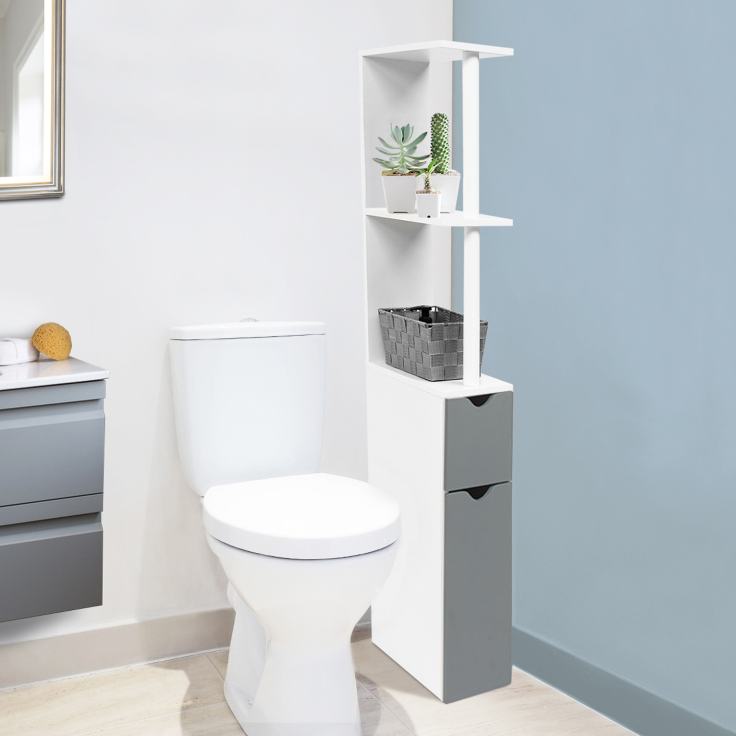 Meuble WC étagère WILLY bois 2 portes blanc et gris - Image 1