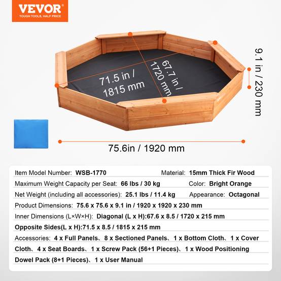 VEVOR Bac sable bois couvercle, octogonal 192x192x23 cm. 4 sièges, doublure, pour jardin, 3-12 ans. - Image 7