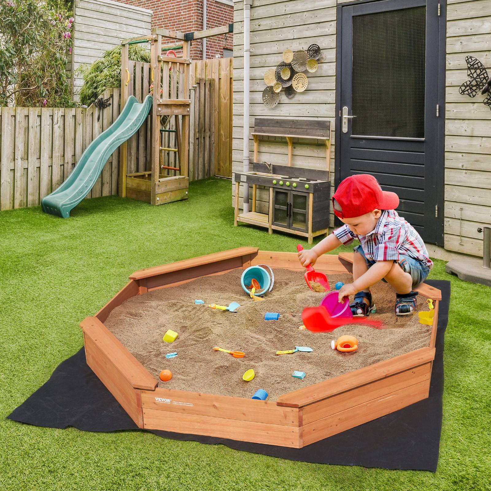 VEVOR Bac sable bois couvercle, octogonal 192x192x23 cm. 4 sièges, doublure, pour jardin, 3-12 ans. - Image 8